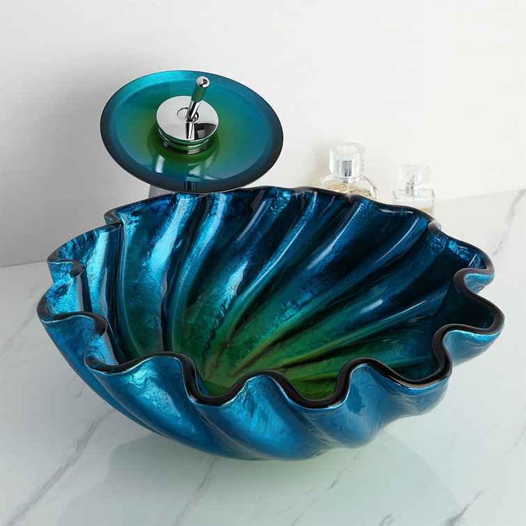 Homary 16.54'' Blue/Green Glass Specialty Bathroom Sink with Faucet and